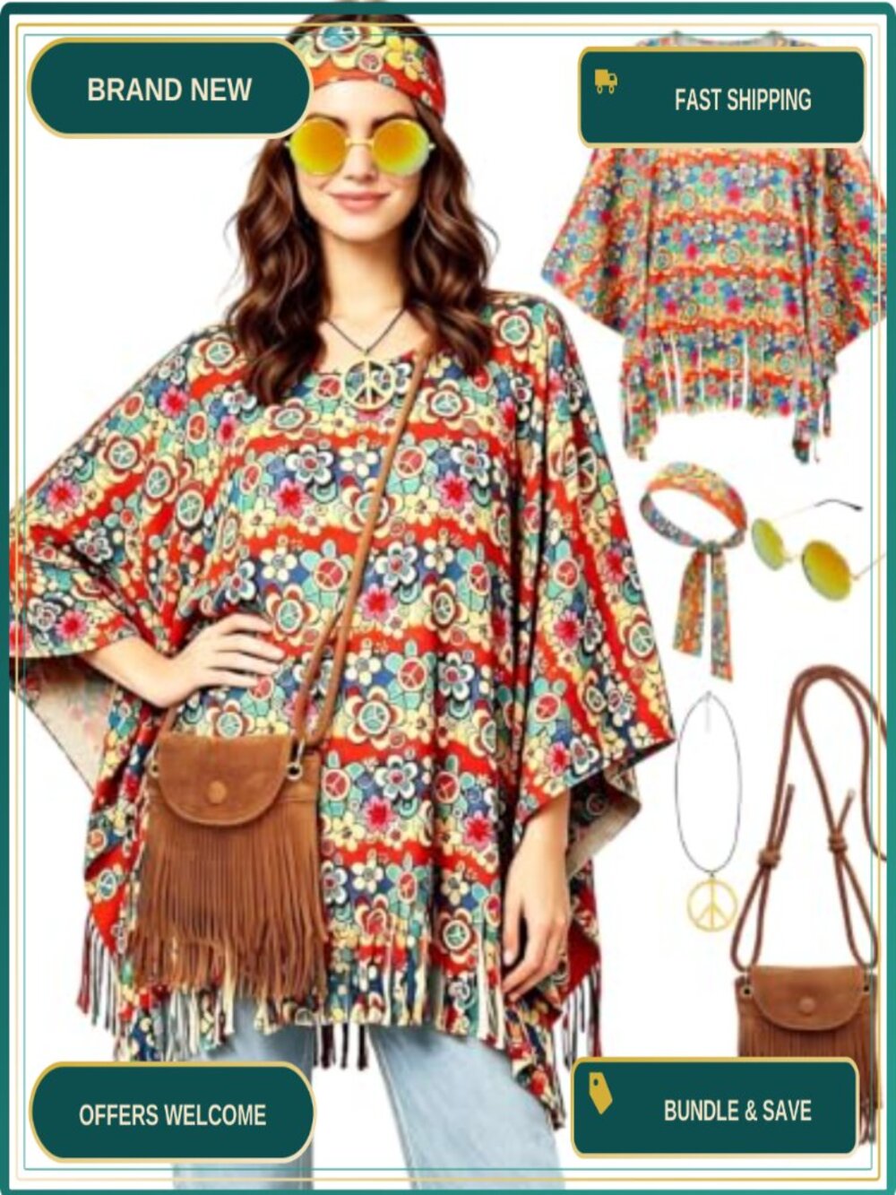 70s Hippie Costume Set Tie Dye Poncho Fringe Bag Headband Adult Women